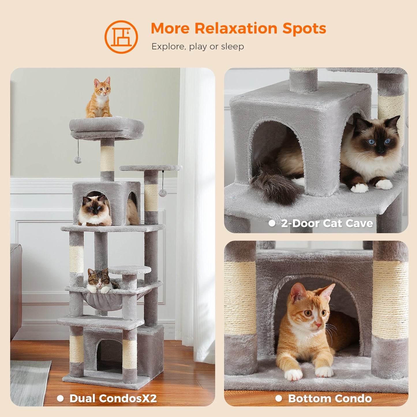 Tall 136cm Cat Tree Tower with Modern Spacious Hammocks Condos