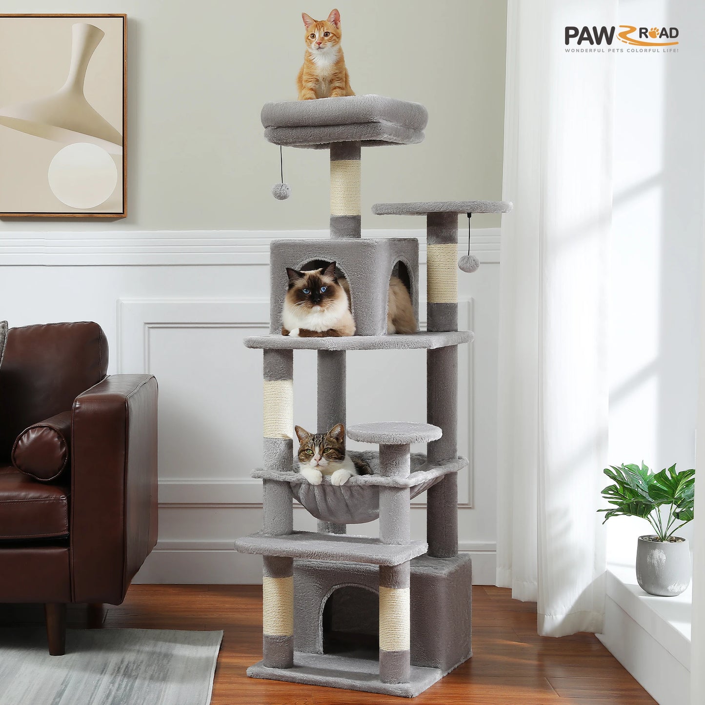 Tall 136cm Cat Tree Tower with Modern Spacious Hammocks Condos