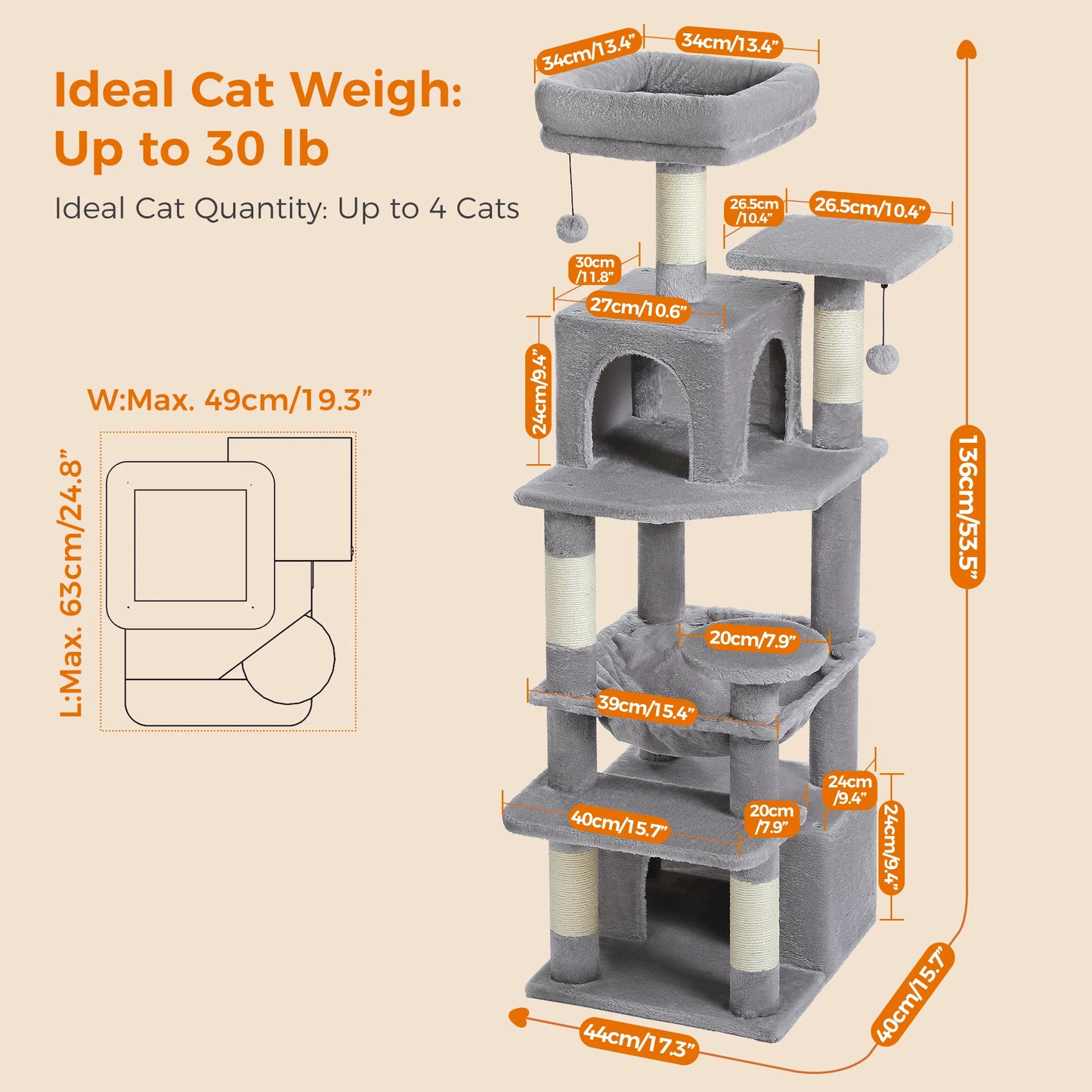 Tall 136cm Cat Tree Tower with Modern Spacious Hammocks Condos