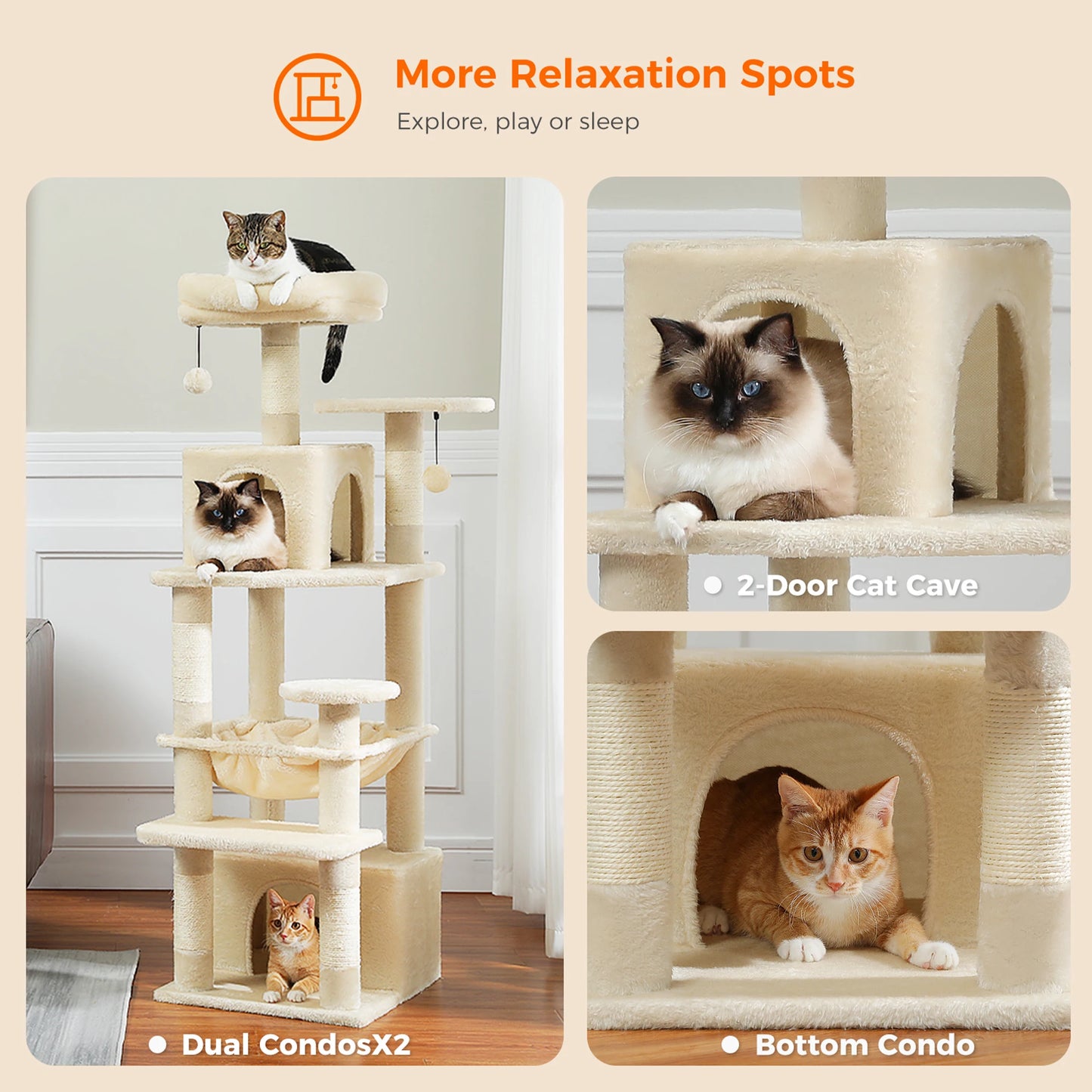 Tall 136cm Cat Tree Tower with Modern Spacious Hammocks Condos
