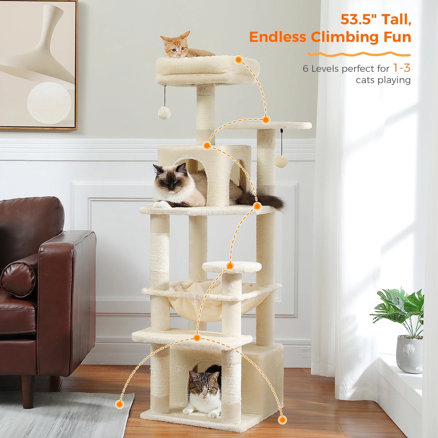 Tall 136cm Cat Tree Tower with Modern Spacious Hammocks Condos