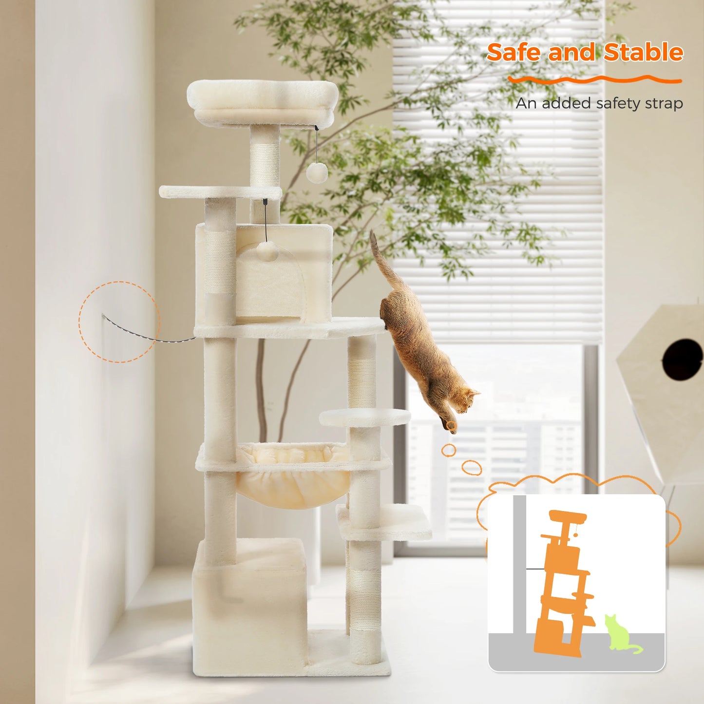 Tall 136cm Cat Tree Tower with Modern Spacious Hammocks Condos