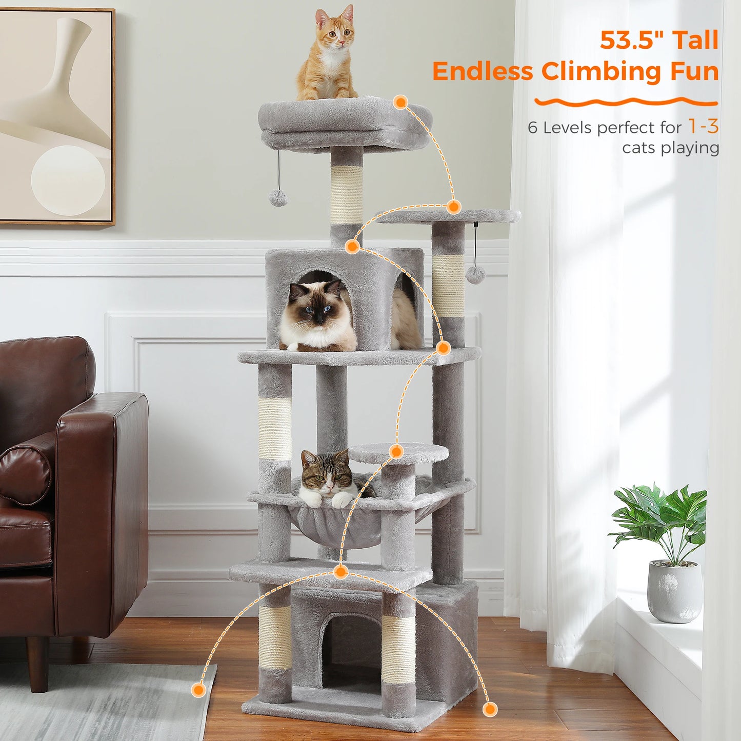 Tall 136cm Cat Tree Tower with Modern Spacious Hammocks Condos