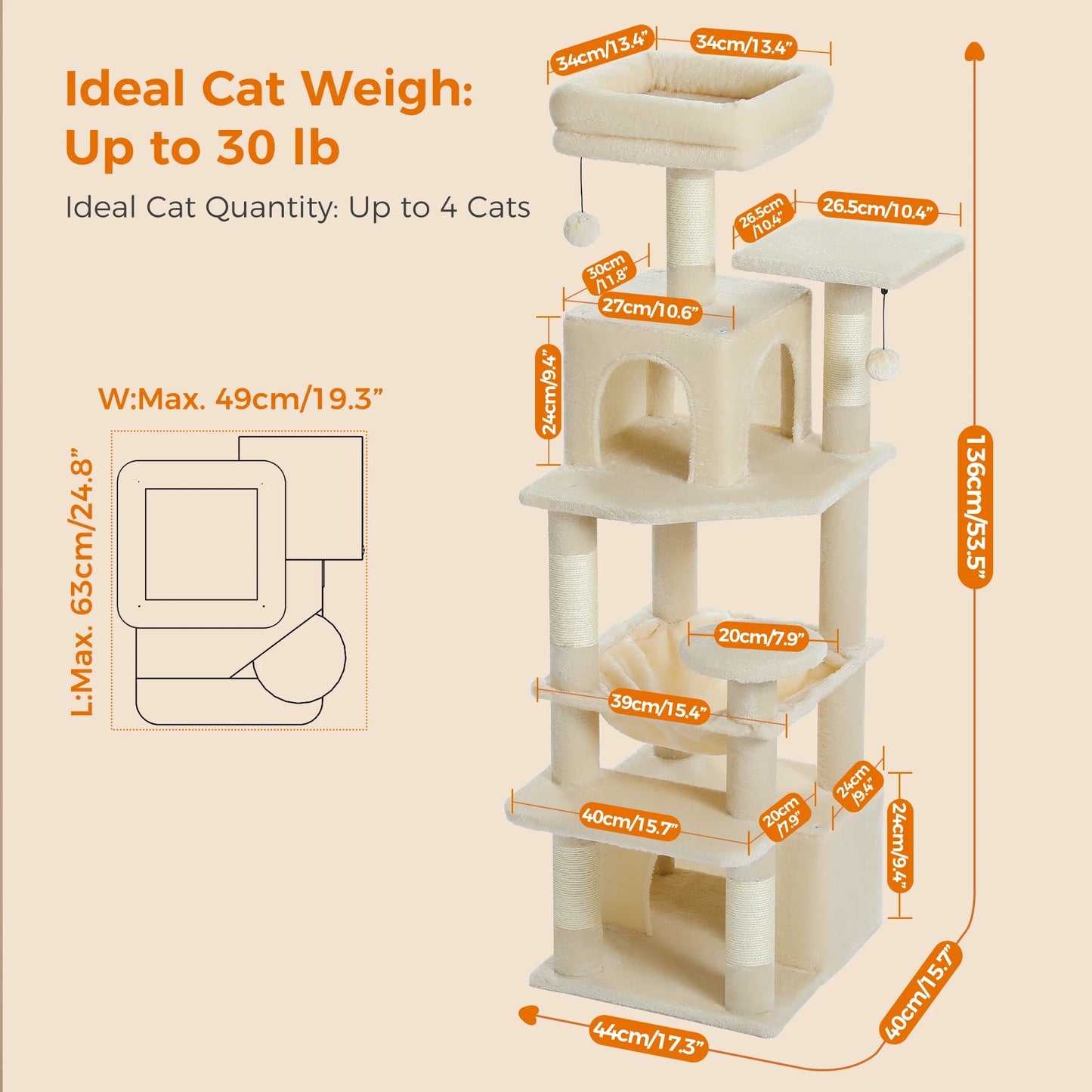 Tall 136cm Cat Tree Tower with Modern Spacious Hammocks Condos