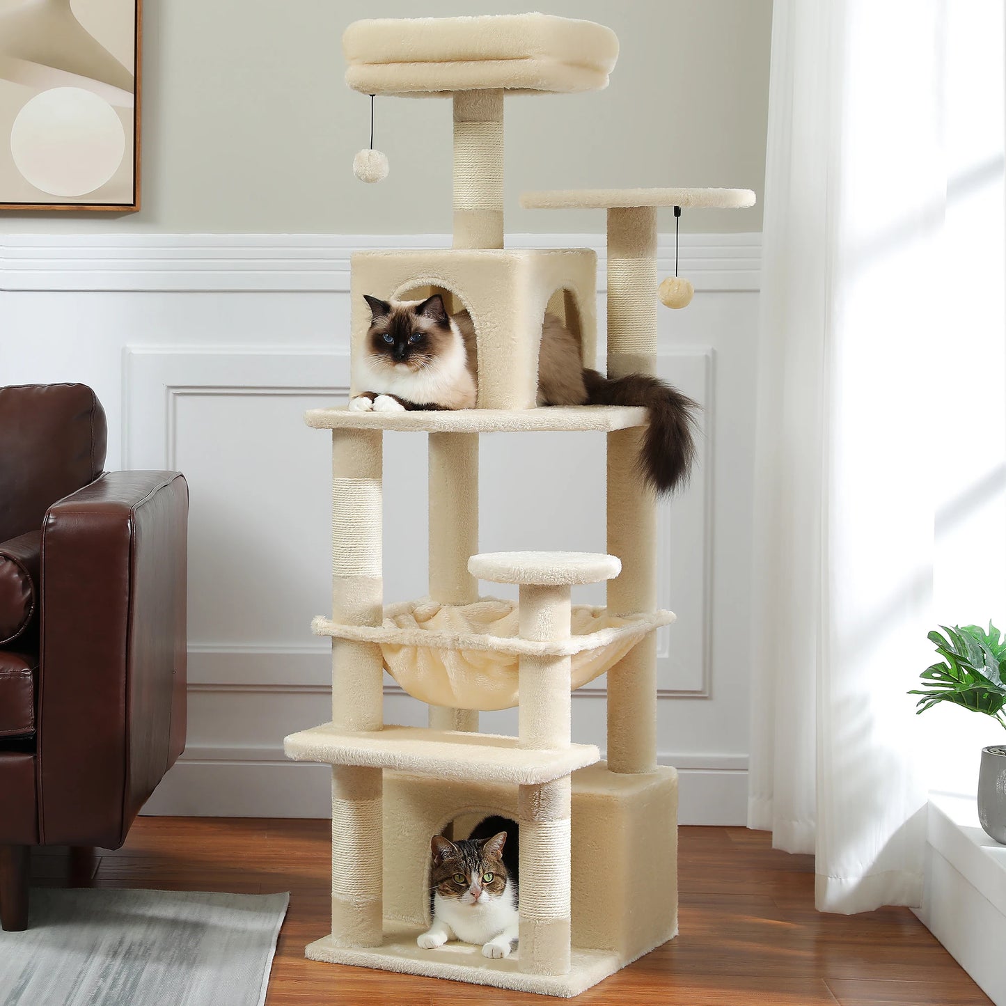 Tall 136cm Cat Tree Tower with Modern Spacious Hammocks Condos