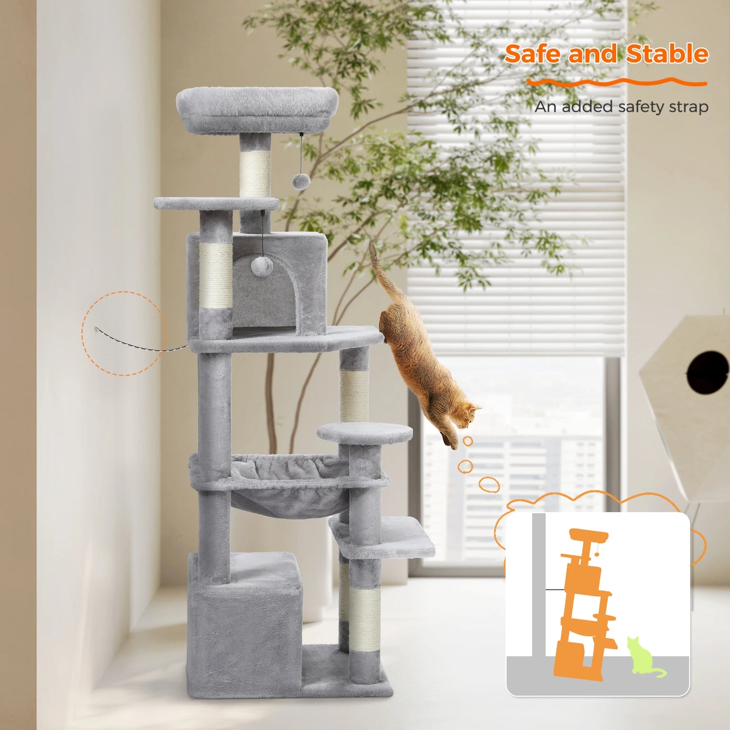Tall 136cm Cat Tree Tower with Modern Spacious Hammocks Condos