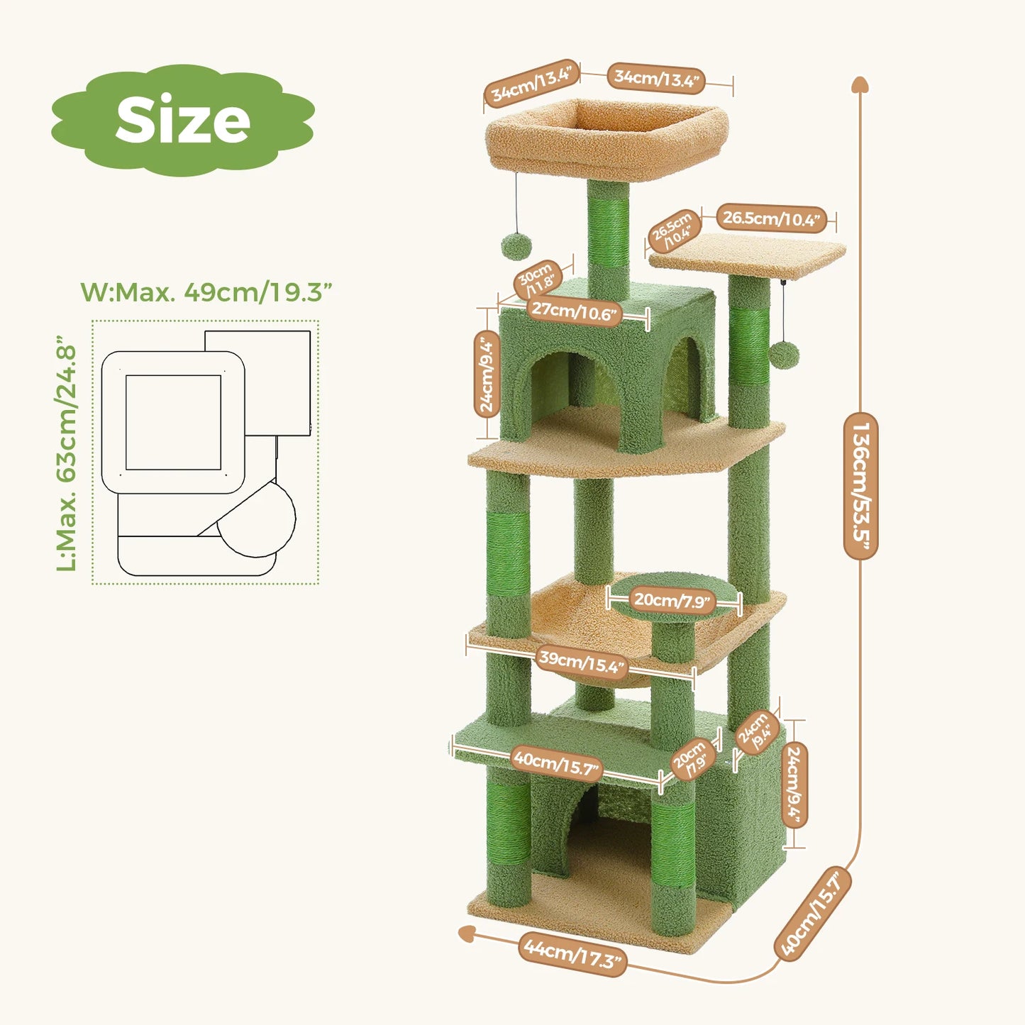 Tall 136cm Cat Tree Tower with Modern Spacious Hammocks Condos