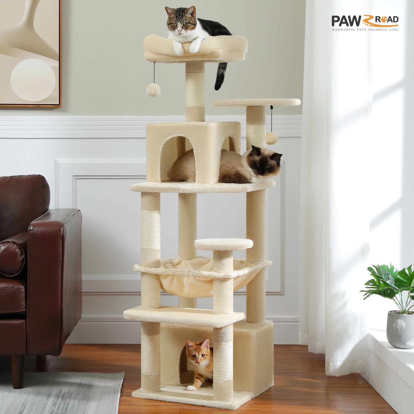 Tall 136cm Cat Tree Tower with Modern Spacious Hammocks Condos