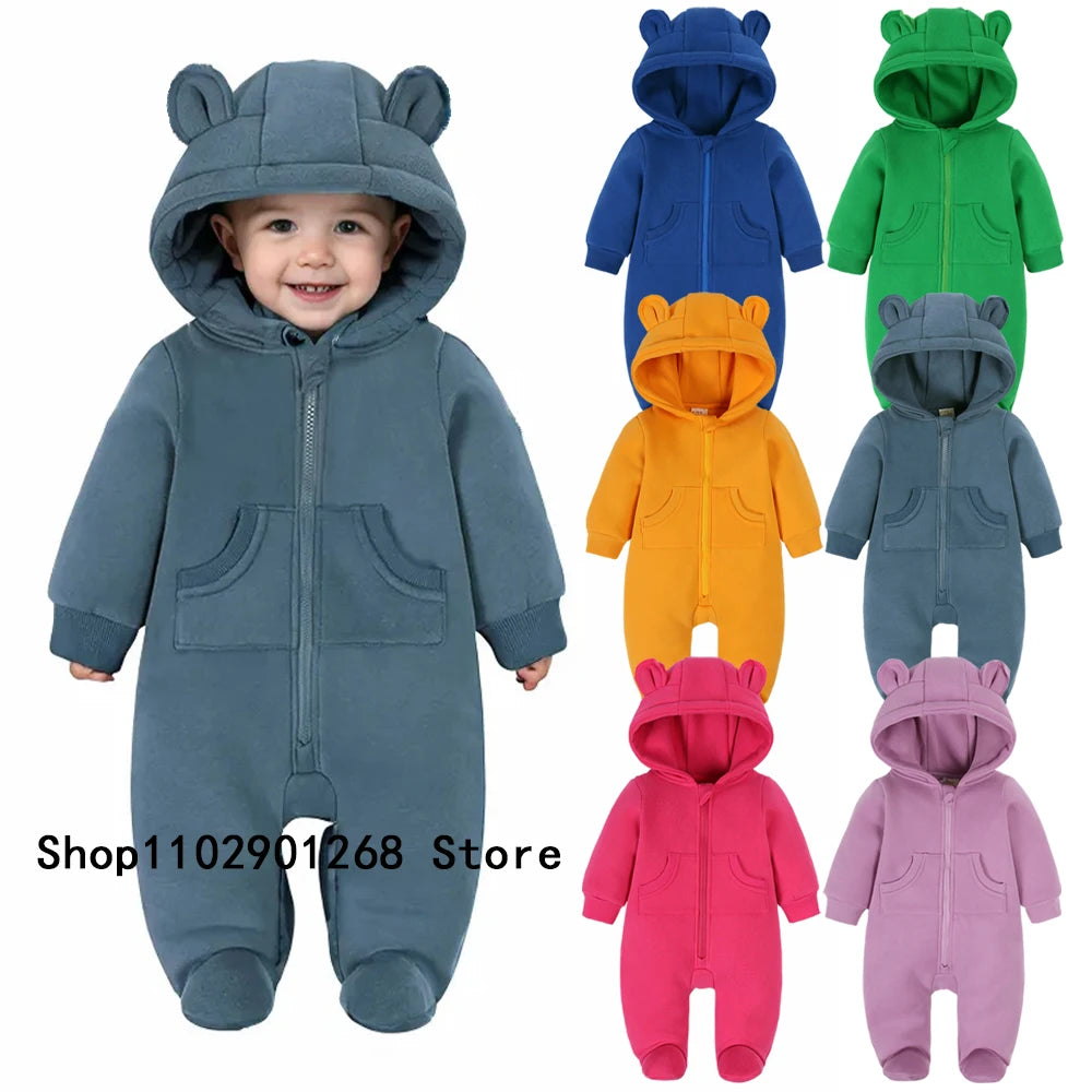 2024 Newborn Baby Winter Warm Romper Solid Pocket Hooded