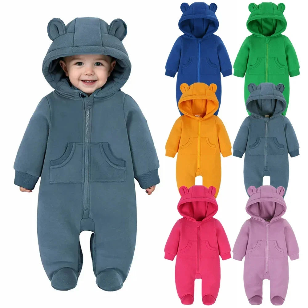 2024 Newborn Baby Winter Warm Romper Solid Pocket Hooded