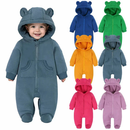 2024 Newborn Baby Winter Warm Romper Solid Pocket Hooded