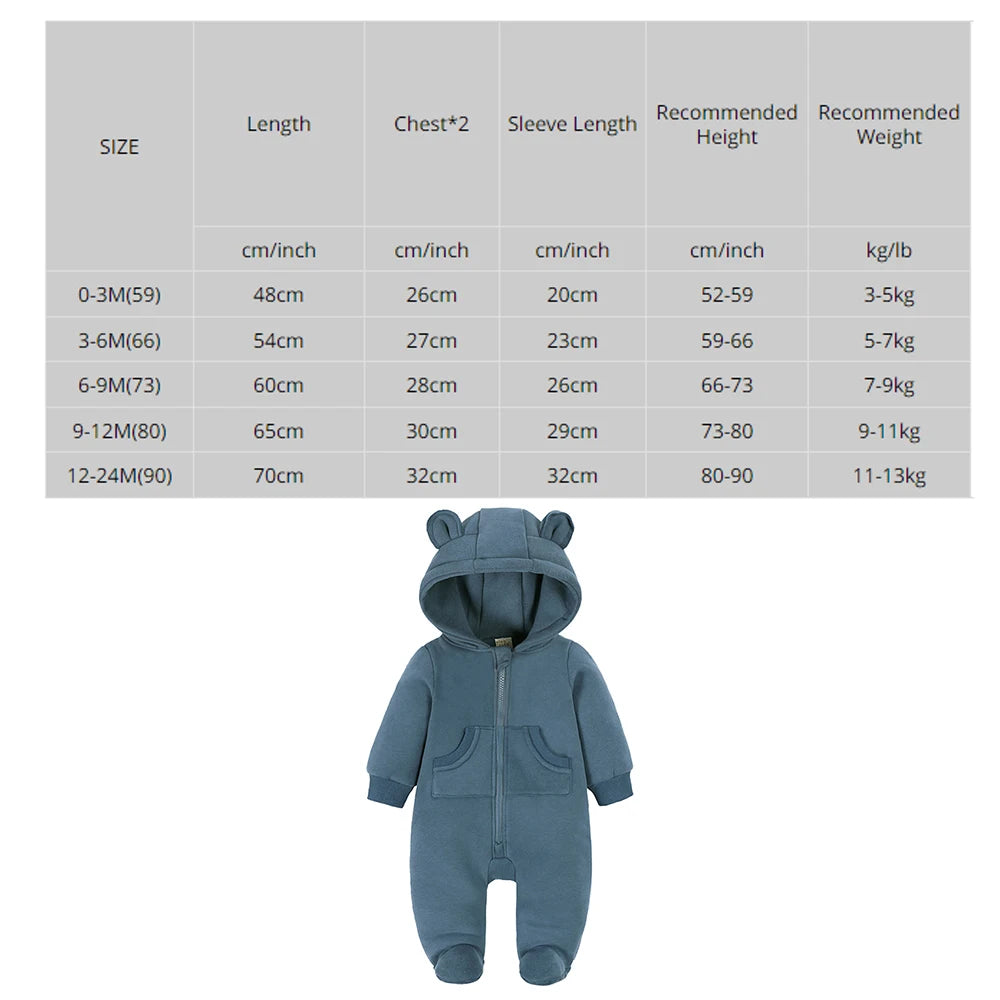 2024 Newborn Baby Winter Warm Romper Solid Pocket Hooded